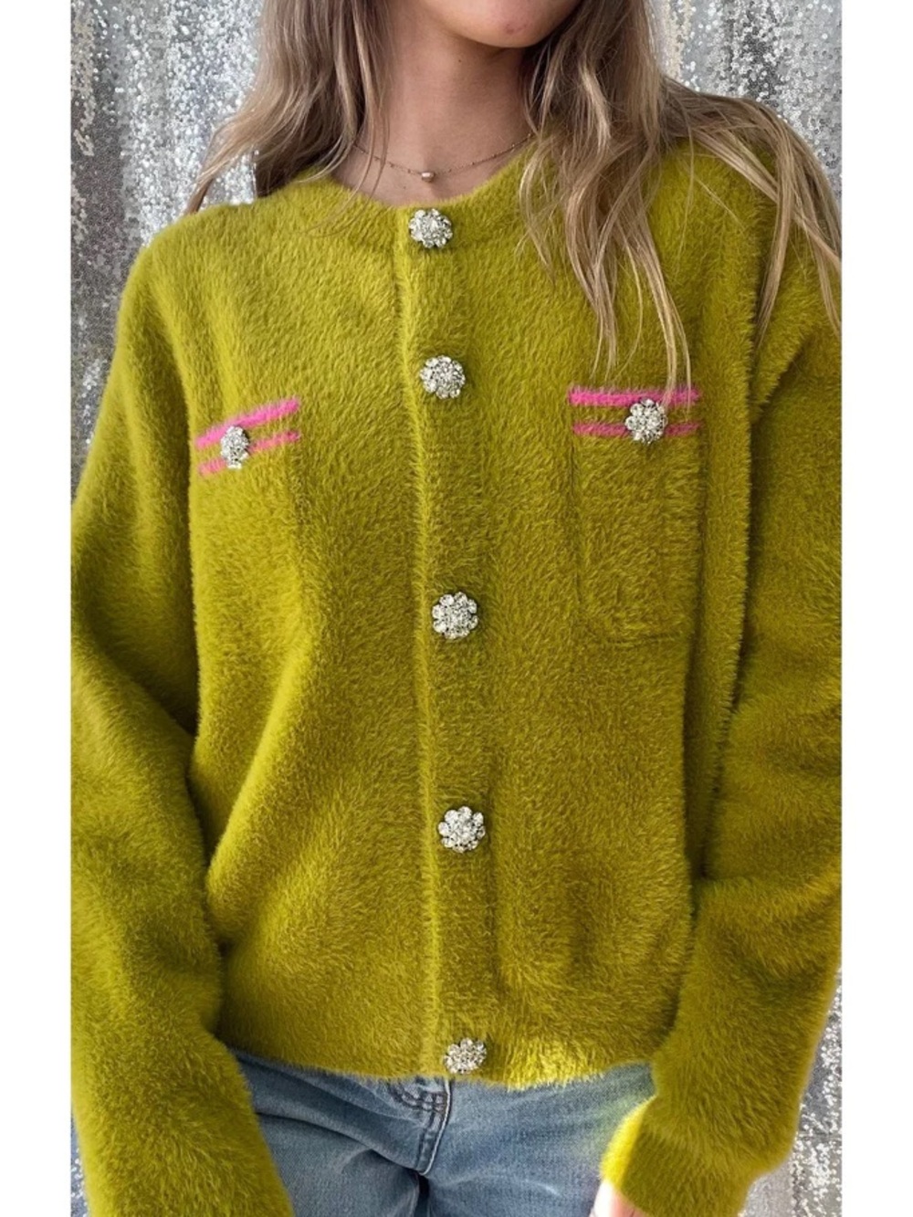 ivy jane Olive Green Teddy Cardigan with Pink Stripe Accents